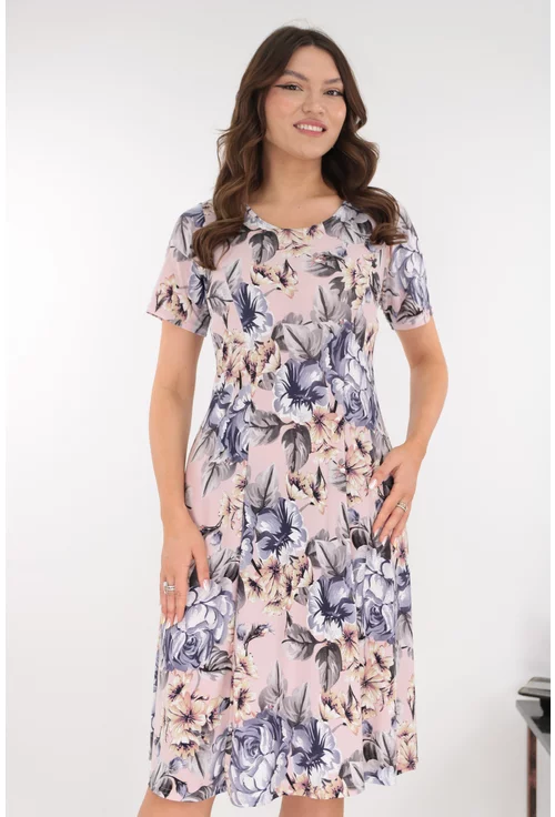 Rochie roz in clini cu flori maxi lila