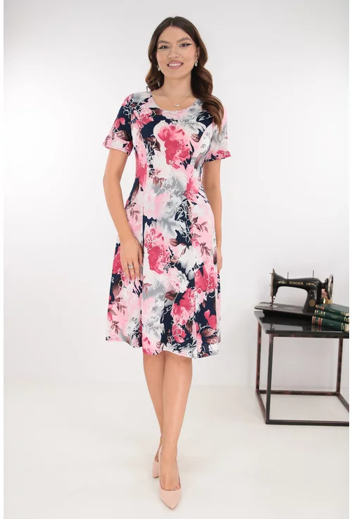 Rochie roz in clini cu print abstract gri-bleumarin