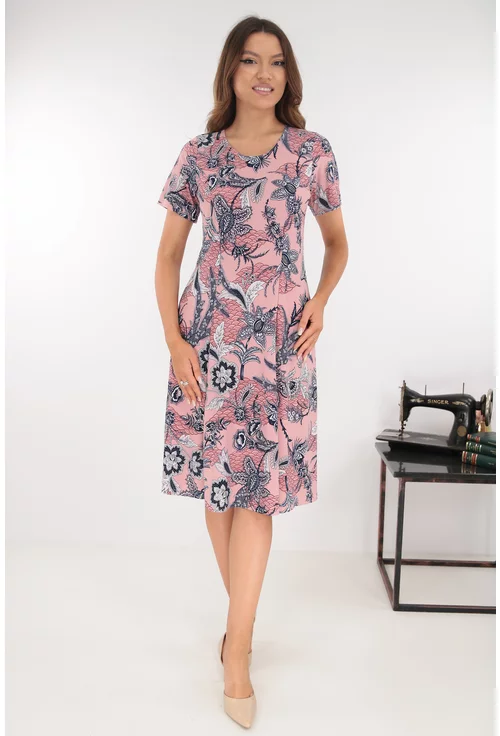 Rochie roz in clini cu print floral bleumarin