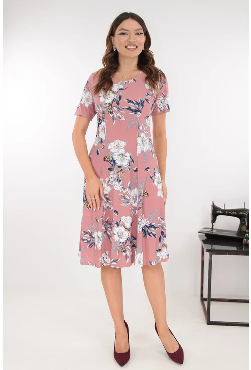 Rochie roz-prafuit in clini cu flori maxi gri