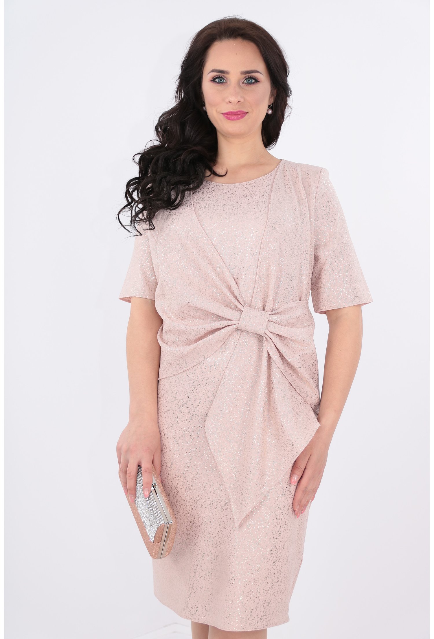 Rochie roz pudra cu sclipici si drapaj tip funda