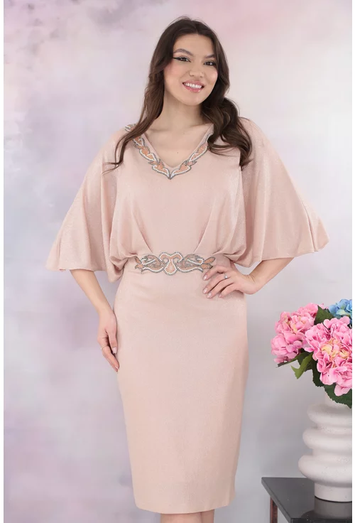 Rochie roz-pudra de ocazie cu strasuri in talie si la decolteu