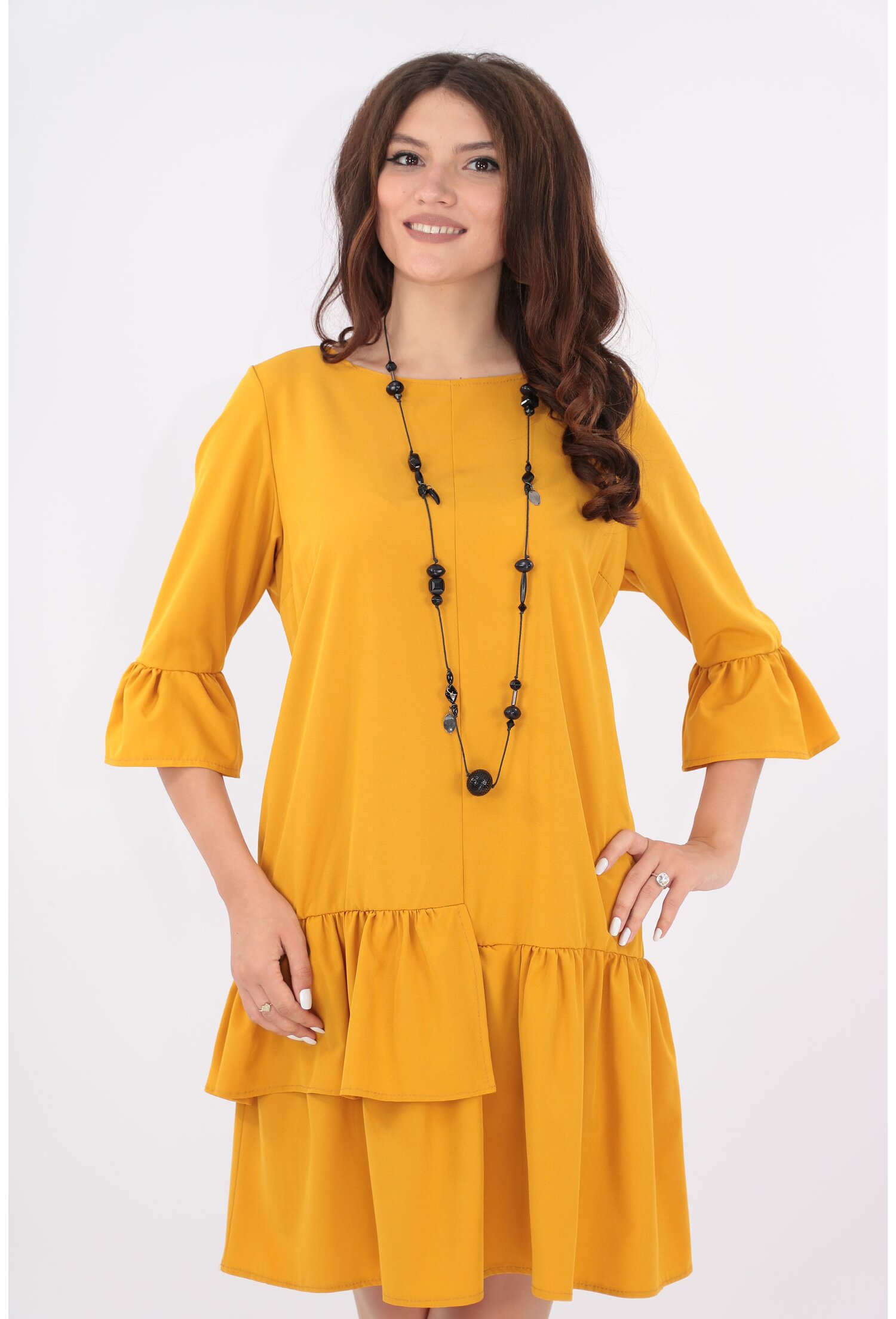 Rochie uni mustar cu volane asimetrice