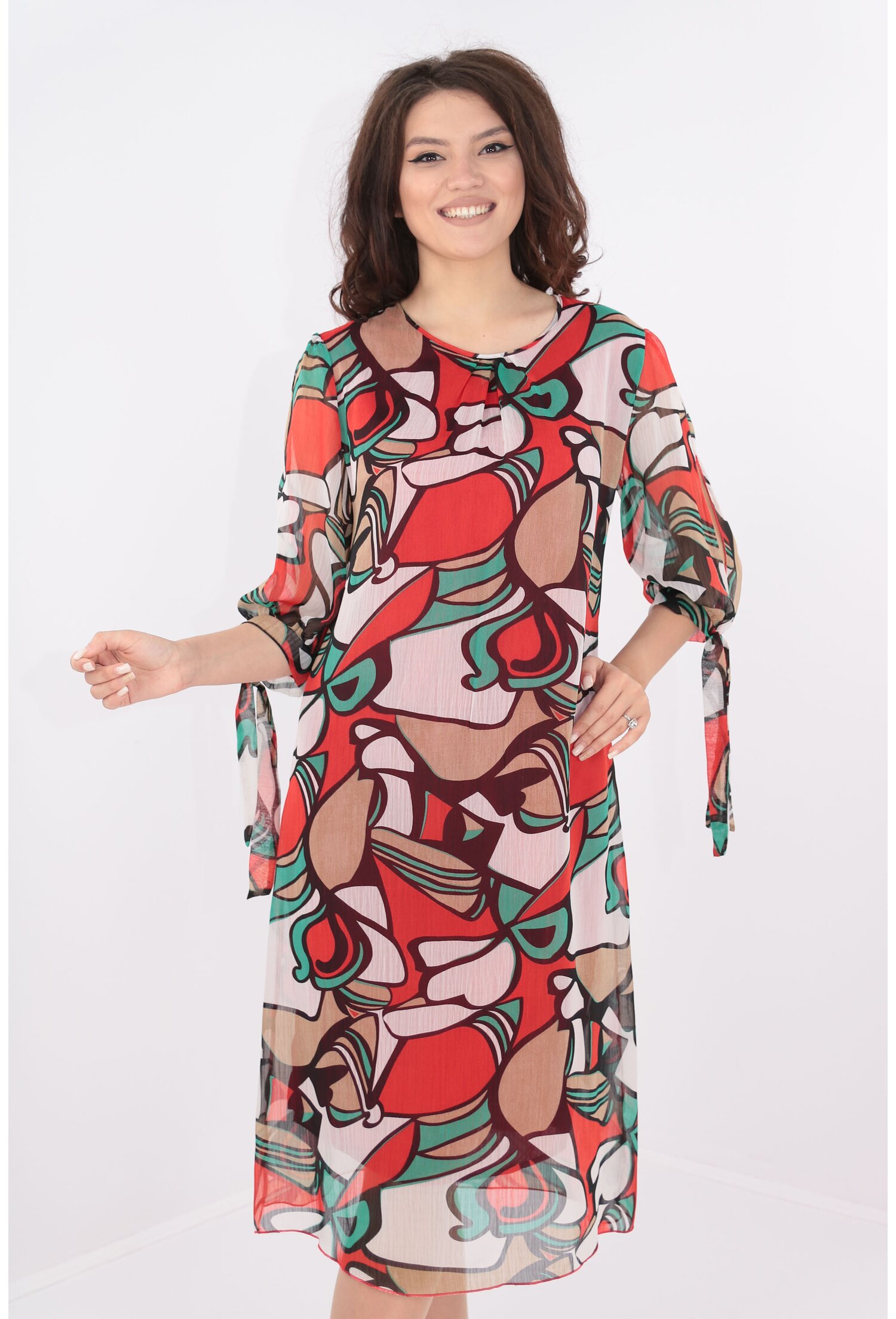 Rochie vaporoasa din voal cu print abstract rosu-verde