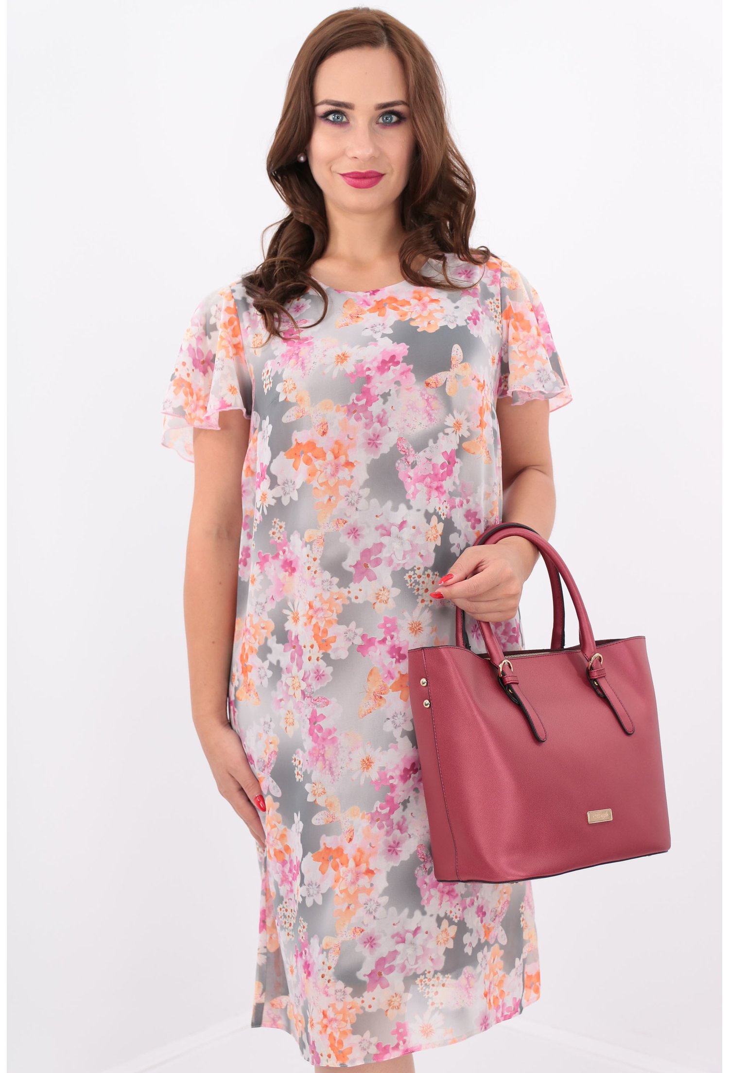 Rochie vaporoasa din voal cu print floral roz