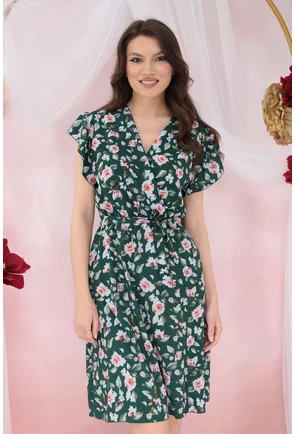 Rochie verde cu trandafiri imprimati si cordon in talie