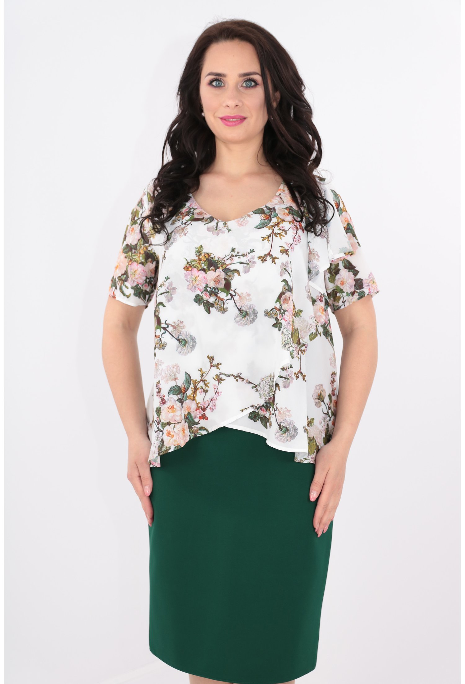 Rochie verde cu voal crem cu print floral