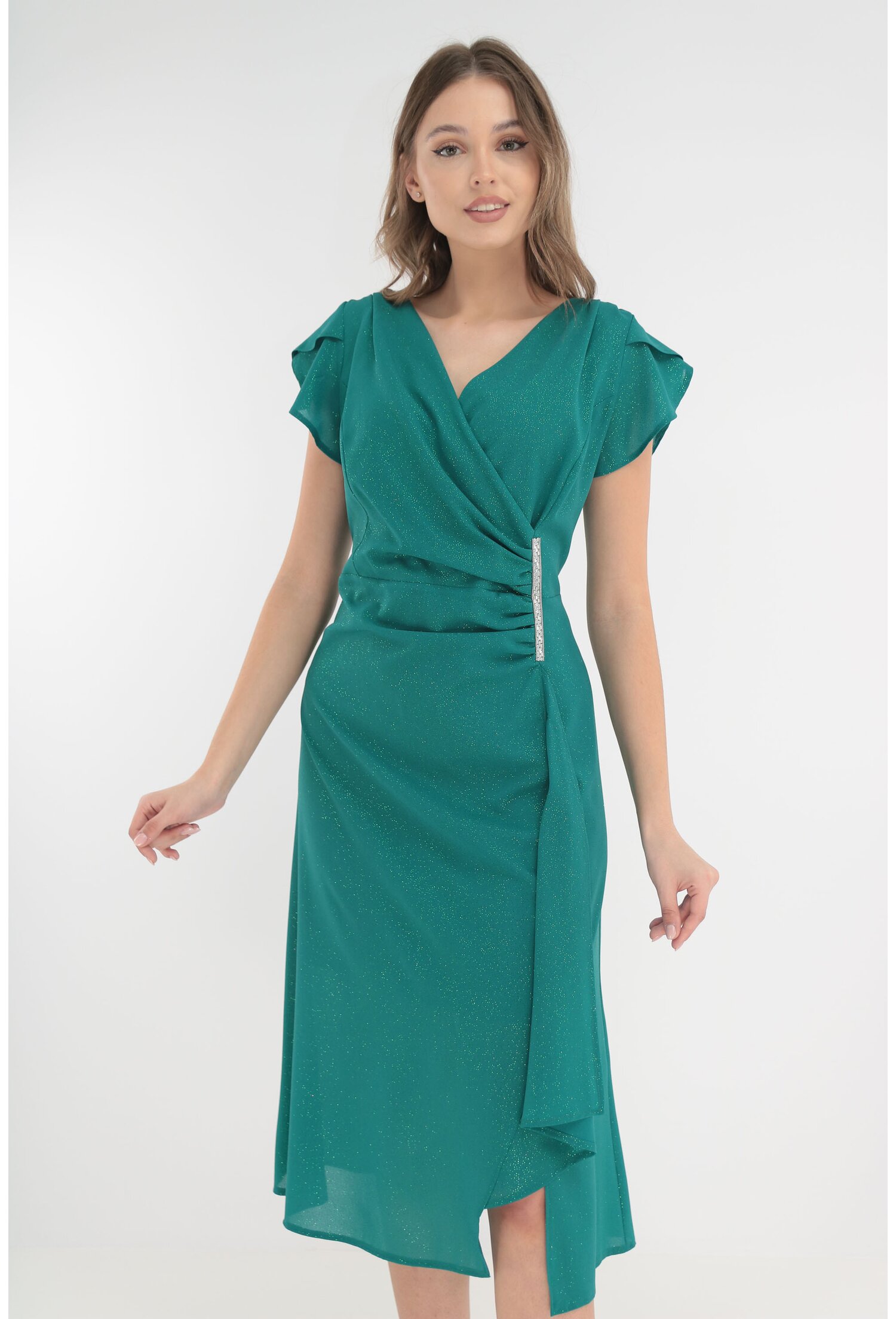 Rochie verde de ocazie cu glitter si fronseuri