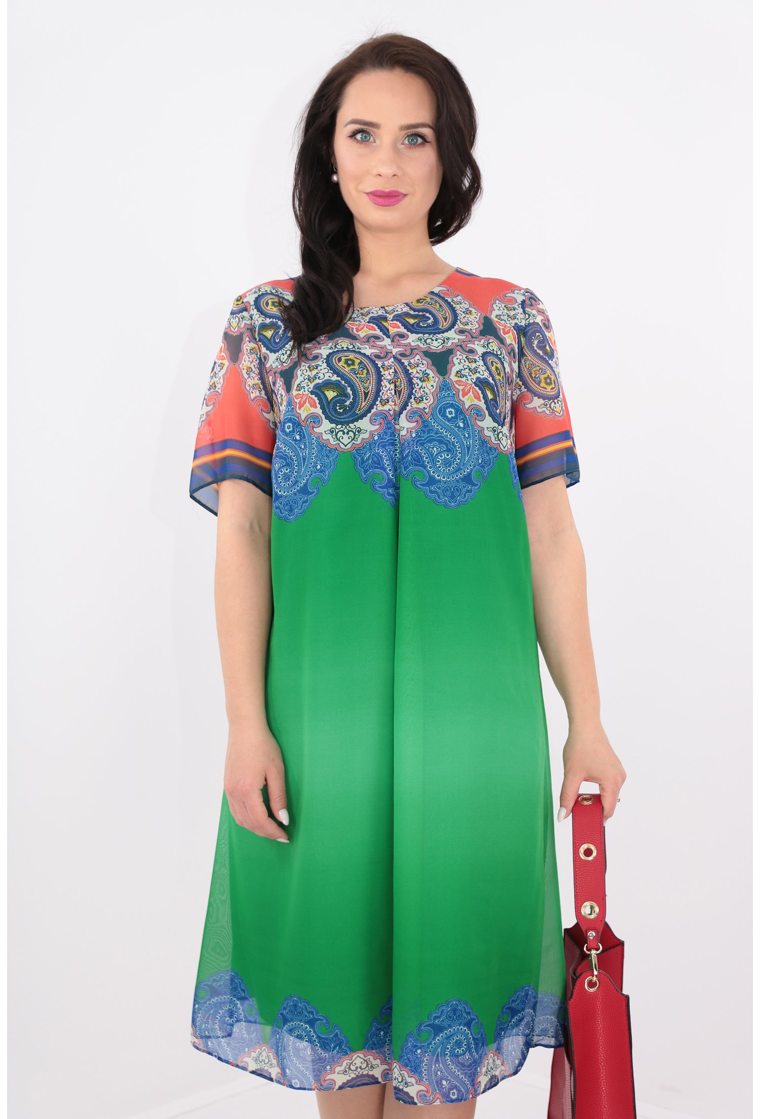 Rochie verde din voal cu bordura multicolora