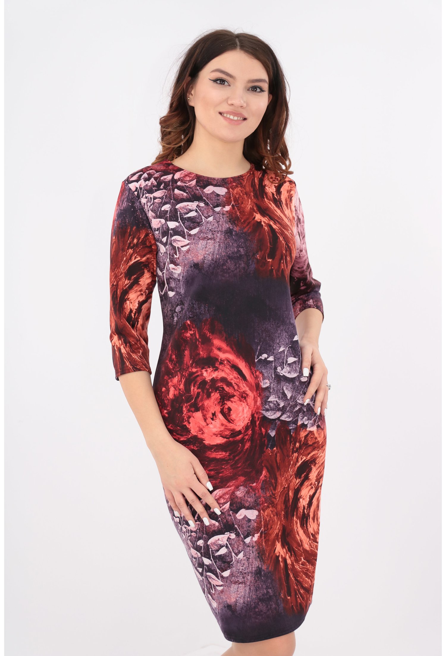 Rochie violet cu flori maxi rosii