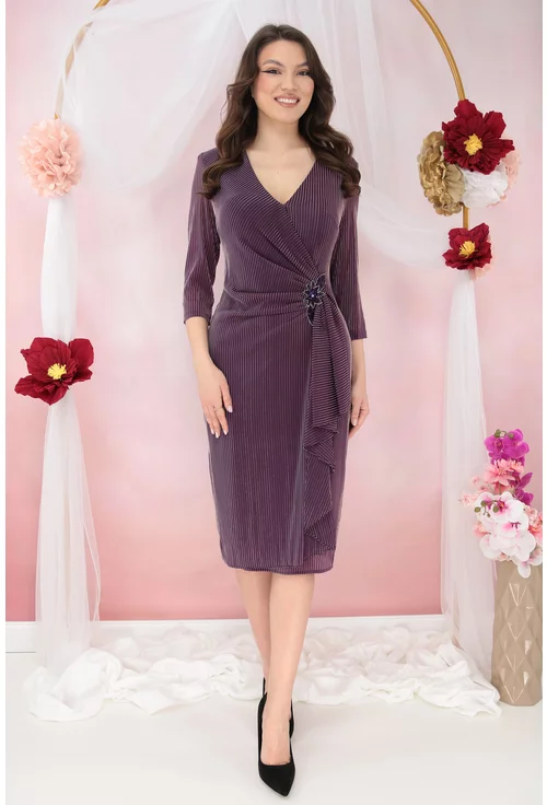 Rochie violet de ocazie cu fir argintiu si fronseuri cu strasuri