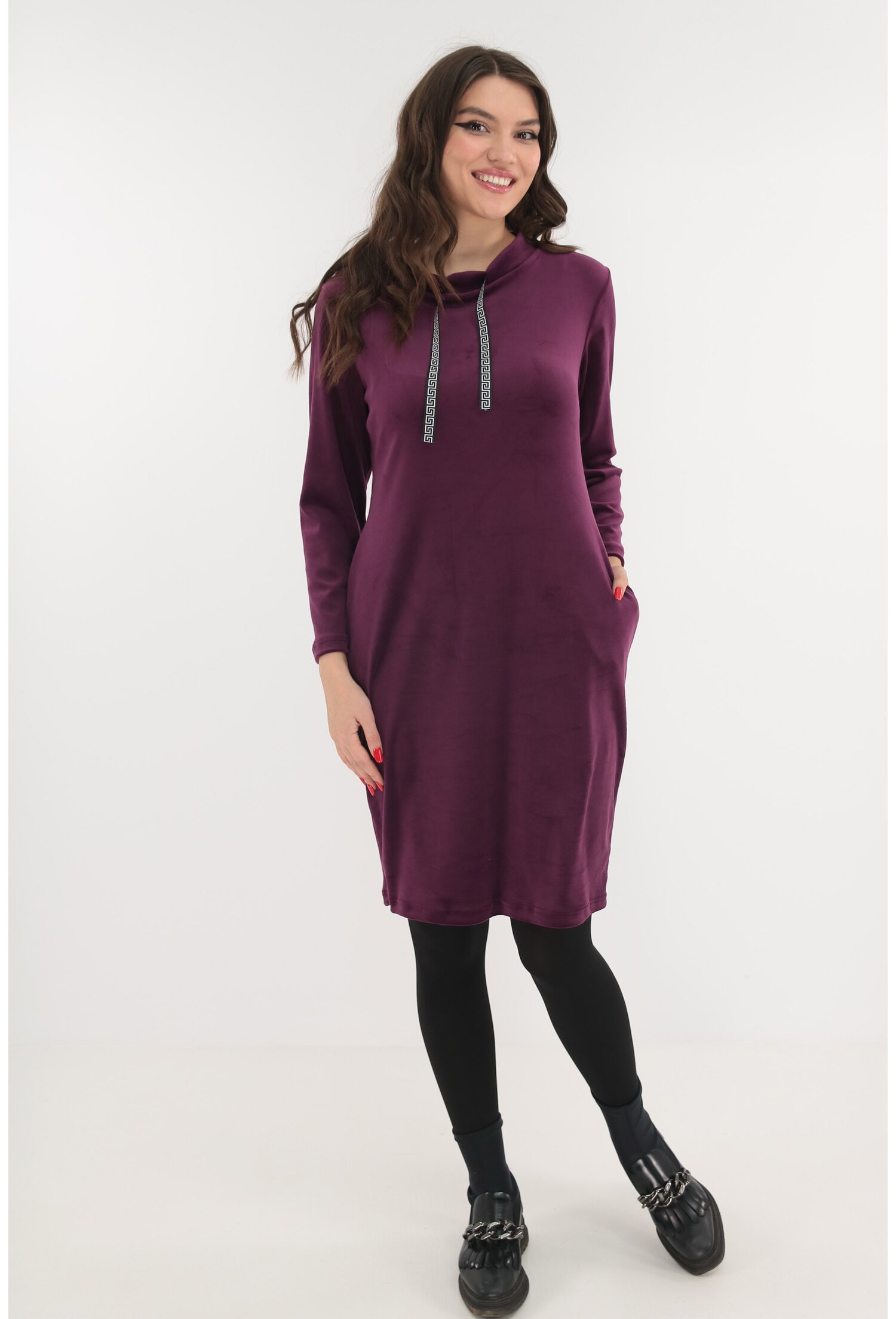 Poze Rochie violet din catifea cu guler inalt si buzunare