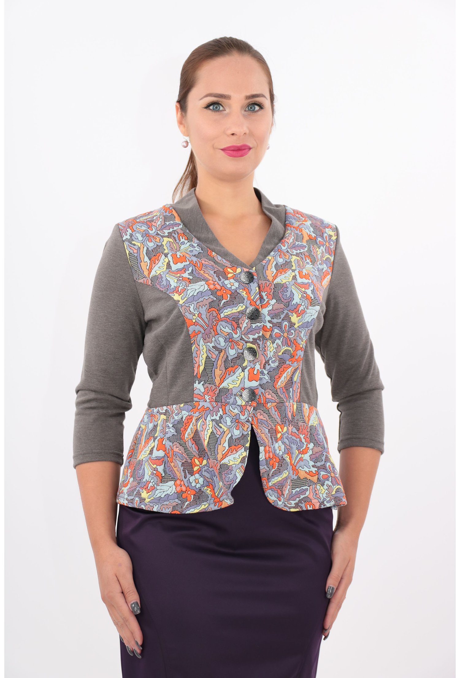 Sacou din jerse gri cu brocard multicolor