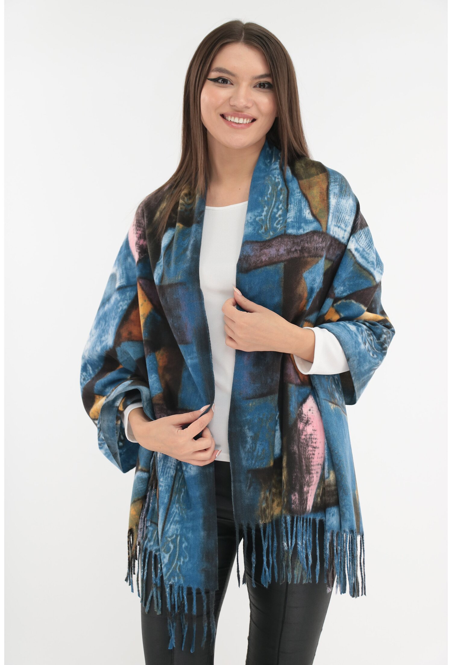 Poze Sal din casmir cu imprimeu abstract albastru