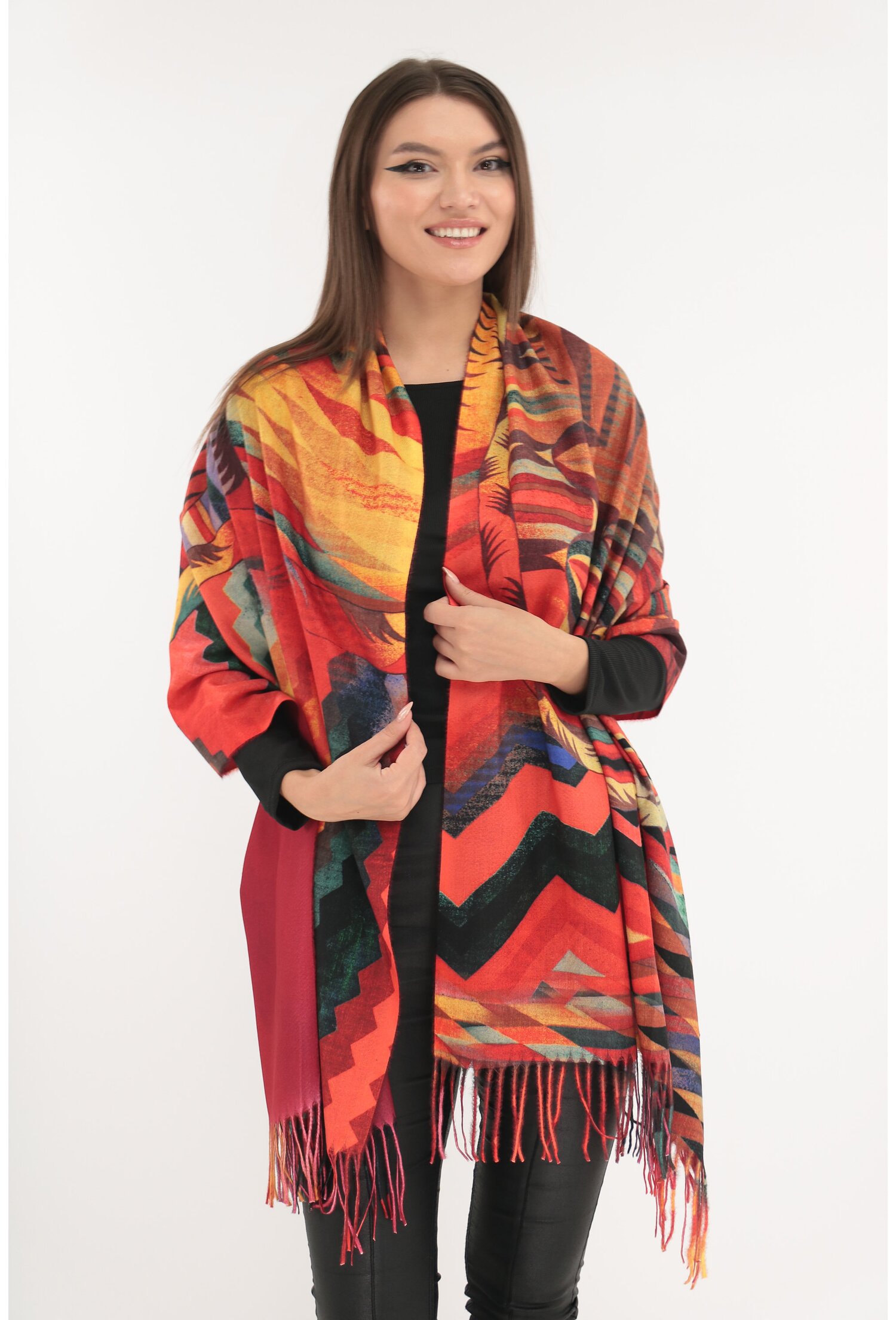 Poze Sal din casmir cu imprimeu geometric rosu