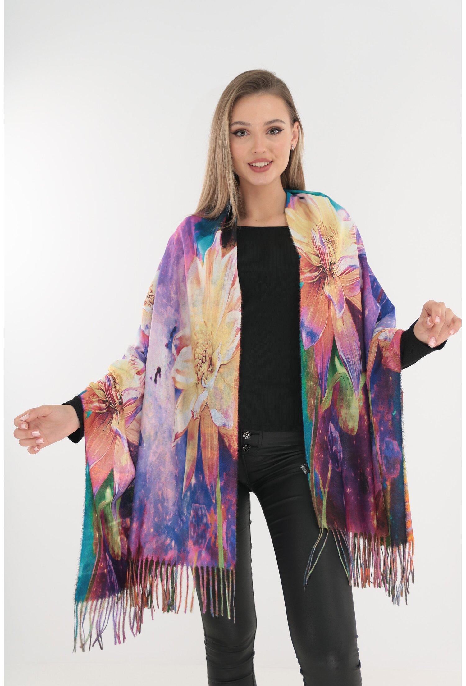 Sal fin din casmir cu imprimeu floral multicolor si doua fete