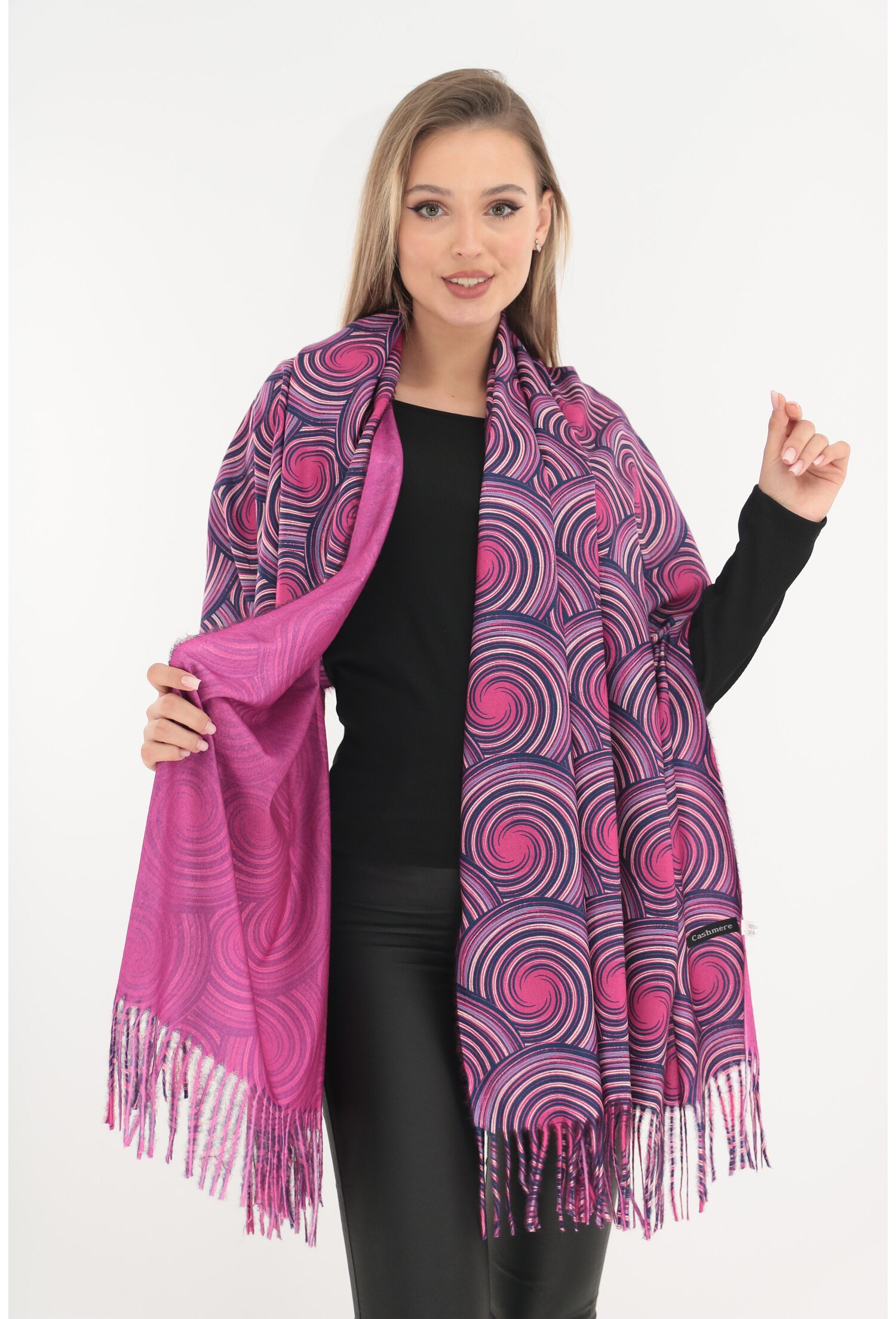 Sal fin din casmir magenta cu print geometric albastru