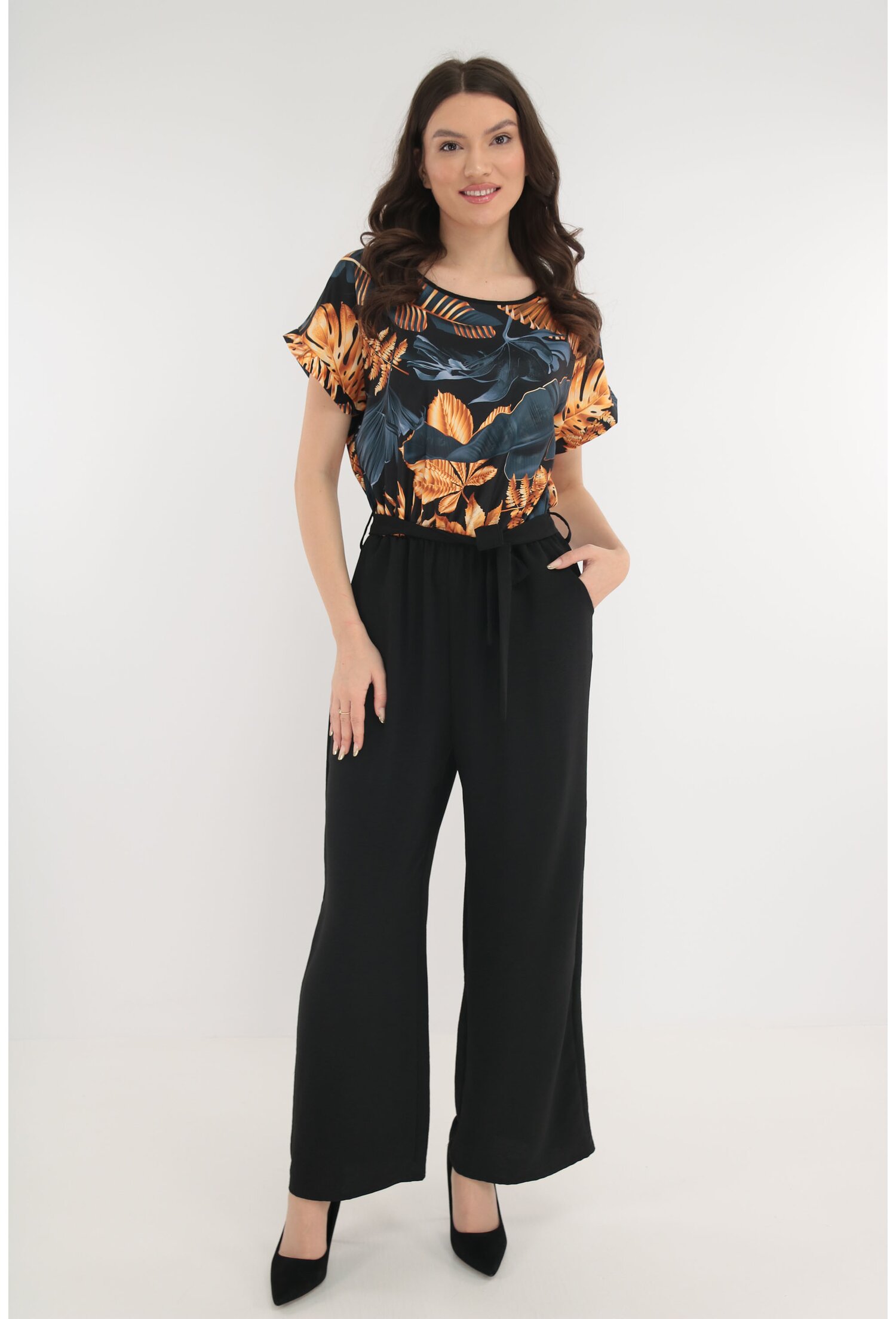 Salopeta lejera neagra cu print tropical bej-albastru