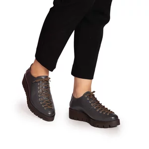 Pantofi casual cu siret pana in varfdama din piele naturala, Leofex - 194 Gri inchis Box