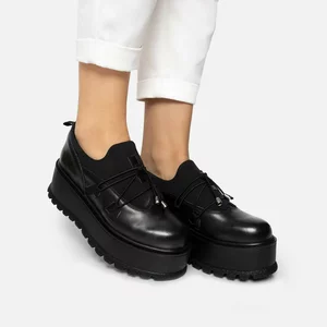 Pantofi casual damă cu talpă groasă din piele naturală - 1208 Negru Box