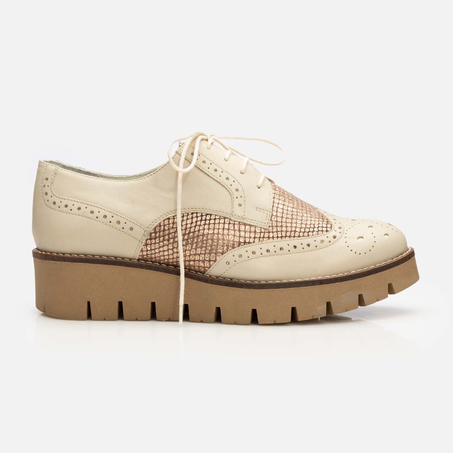 Pantofi casual dama din piele naturala, Leofex - 012-1 Bej Bronz Box