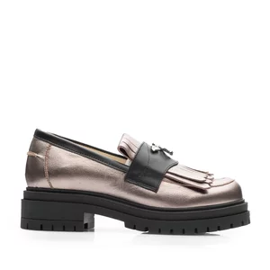 Pantofi casual damă din piele naturală, Leofex - 405 Bronz Negru Box