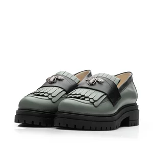 Pantofi casual damă din piele naturală, Leofex - 405 Verde Negru Box