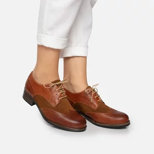 Pantofi casual dama, Oxford din piele naturala, Leofex - 012 Cognac inchis Box Velur
