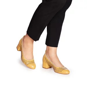 Pantofi casual perforaţi cu toc damă din piele naturală, Leofex - 248 galben box