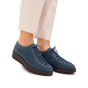 Pantofi casual dama cu siret pana in varf din piele naturala, Leofex- 194 blue inchis velur