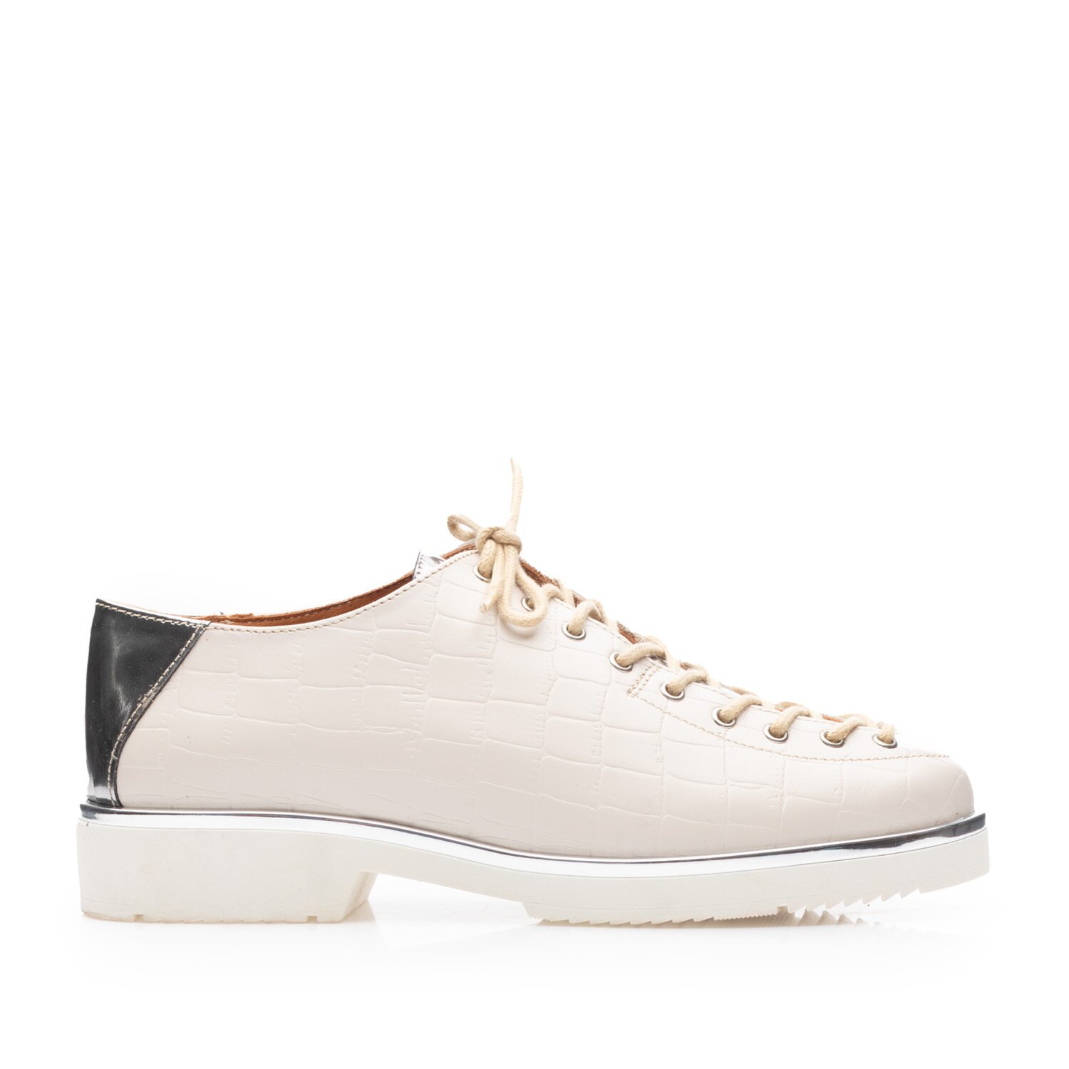 Pantofi casual dama cu siret pana in varf din piele naturala, Leofex- 194-1 Alb Argintiu Box