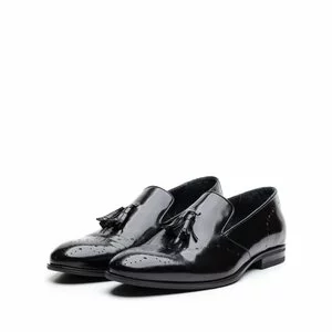 Pantofi eleganti barbati din piele naturala cu ciucuri, Leofex - 899 negru lucios