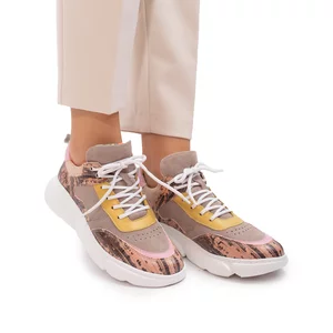 Pantofi sport damă din piele naturală, Leofex- 239 Roz + taupe + galben box