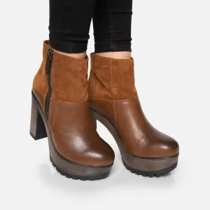 Botine cu toc damă din piele naturală, Leofex – 412 Maro Box + Velur