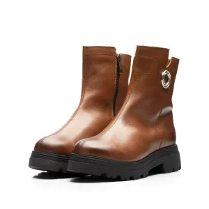 Botine damă casual din piele naturală, Leofex - 443 Cognac box