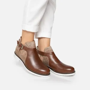 Botine damă din piele naturală, Leofex - 301-1 Maro Bej Box Print