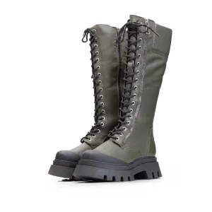 Cizme damă cu șiret din piele naturală Leofex - 439 Kaki Box