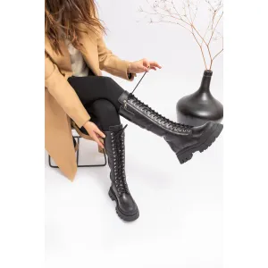 Cizme dama cu siret din piele naturala Leofex- 439 Negru Box