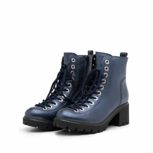 Ghete casual dama din piele naturala cu siret pana in varf Leofex-541 Blue Metalizat