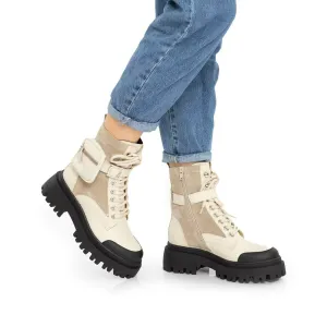 Ghete damă casual din piele naturală,Leofex - 331 Crem Negru box Velur