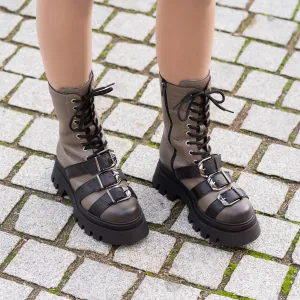 Ghete damă din piele naturală, Leofex - 435 Taupe inchis Box