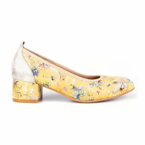 Pantofi casual cu toc damă din piele naturală,  Leofex - 231 Galben flori