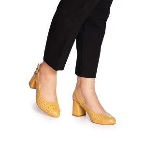 Pantofi casual cu toc damă, perforaţi si decupaţi la spate din piele naturală, Leofex - 247 Galben Box
