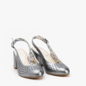 Pantofi casual cu toc damă, perforați și decupați la spate din piele naturală, Leofex - 480 Antracite Box Sidef