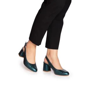 Pantofi casual cu toc damă, perforaţi si decupaţi la spate din piele naturală, Leofex - 480 Verde Box Sidef