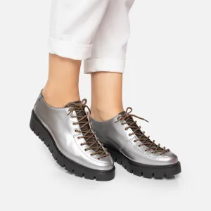 Pantofi casual dama cu siret pana in varf din piele naturala, Leofex- 194 Argintiu Box Lac