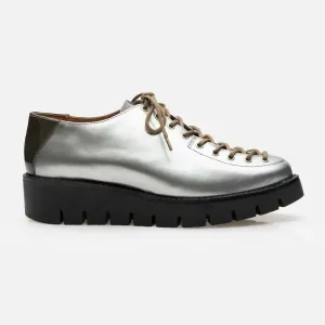 Pantofi casual dama cu siret pana in varf din piele naturala, Leofex- 194 Argintiu Box Lac
