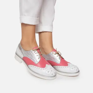 Pantofi casual dama din piele naturala,Leofex - 012-2 Alb Argintiu Roze Box
