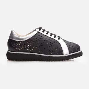 Pantofi casual dama perforati din piele naturala  - 1232 Negru + Argintiu Box