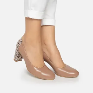Pantofi eleganți damă din piele naturală - 174 Nude Box + Print
